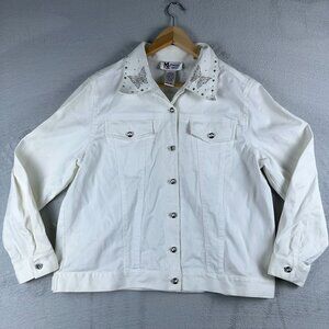 Maggie Sweet Denim Jacket Beaded Butterfly Detail Womens White Size Large Petite